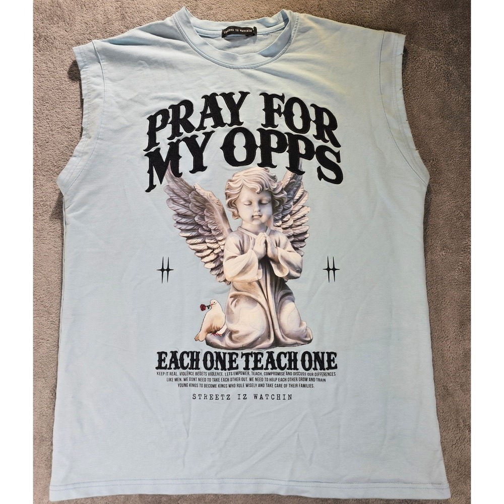 Streetz Iz Watchin Pray For My Opps Angel Muscle Tee Light Blue Small - Picture 5 of 12